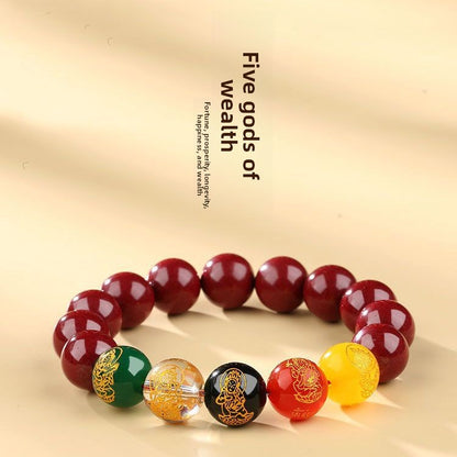 Five-Way Fortune God Cinnabar Bracelet with Beads