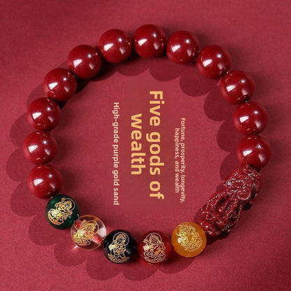 Five-Way Fortune God Cinnabar Bracelet with Beads