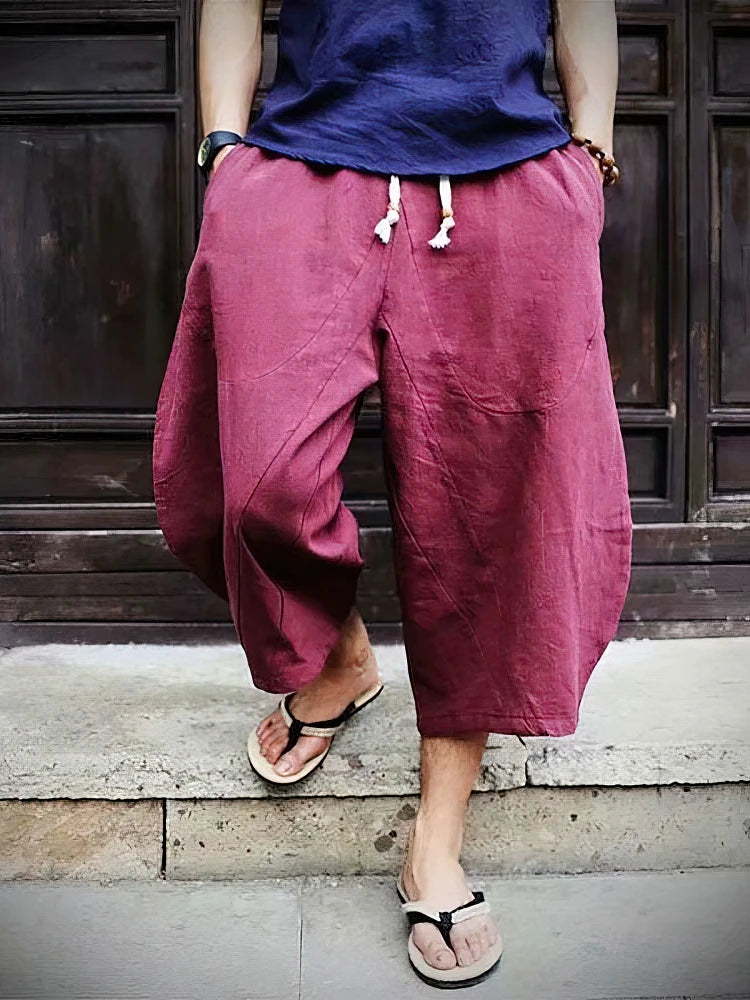 Summer Beach Cotton Linen Casual Shorts Men Japenese Wide Leg Baggy Capris Pants Male Sport Running Shorts 2025 New