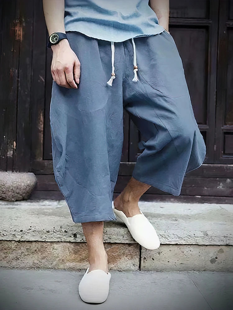 Summer Beach Cotton Linen Casual Shorts Men Japenese Wide Leg Baggy Capris Pants Male Sport Running Shorts 2025 New