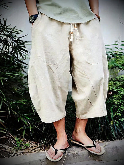 Summer Beach Cotton Linen Casual Shorts Men Japenese Wide Leg Baggy Capris Pants Male Sport Running Shorts 2025 New
