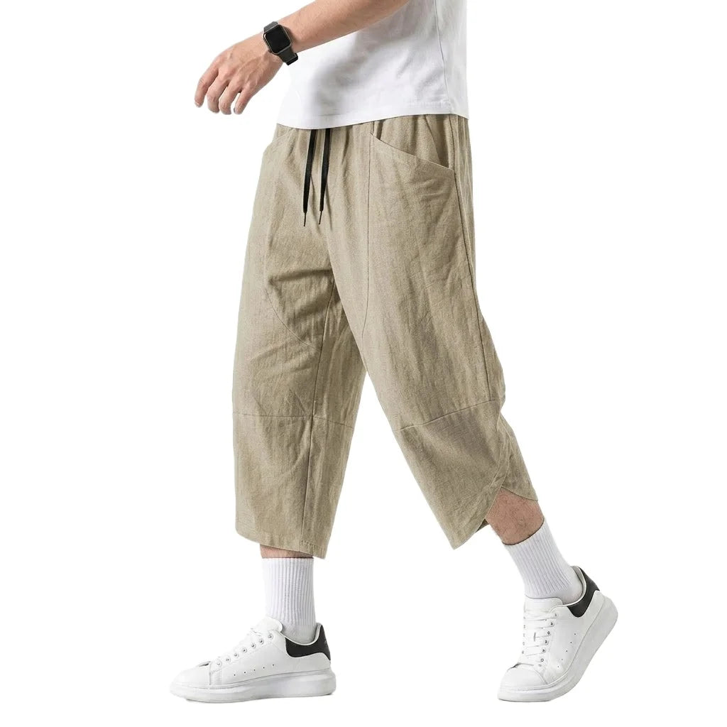 Korean Linen Cotton Pants Hiking Pockets Short for Men Lightweight Baggy Pant Outdoor Breathable Work Pants Multi-pocket Shorts