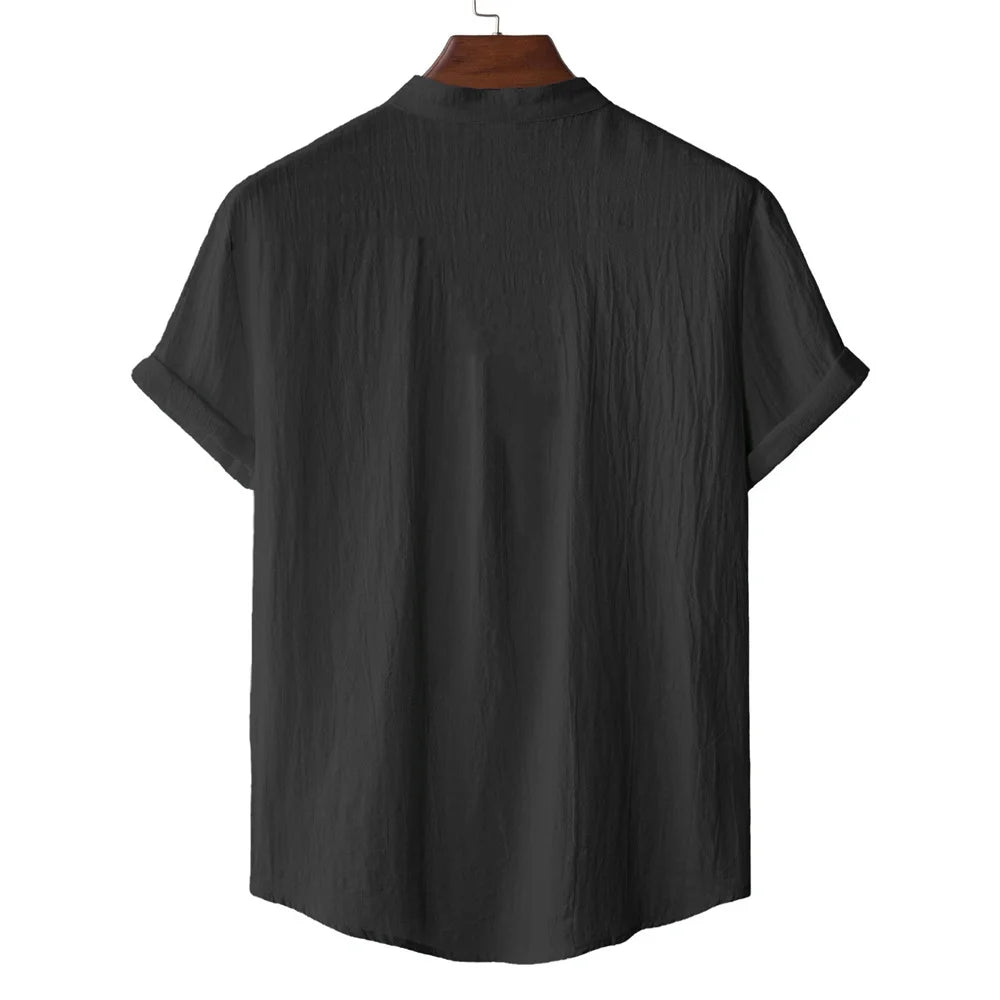 Men's Summer Cotton Linen T-shirt Beach Style Short SLeeve Henley Neck Vacation Hawaii Casual Lightweight Breathable Cozy Tops