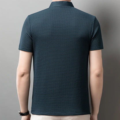 2025 Men's Business Casual Short Sleeved Bone Flower Solid Color POLO Shirt Fashion Breathable Comfortable Summer Versatile Top