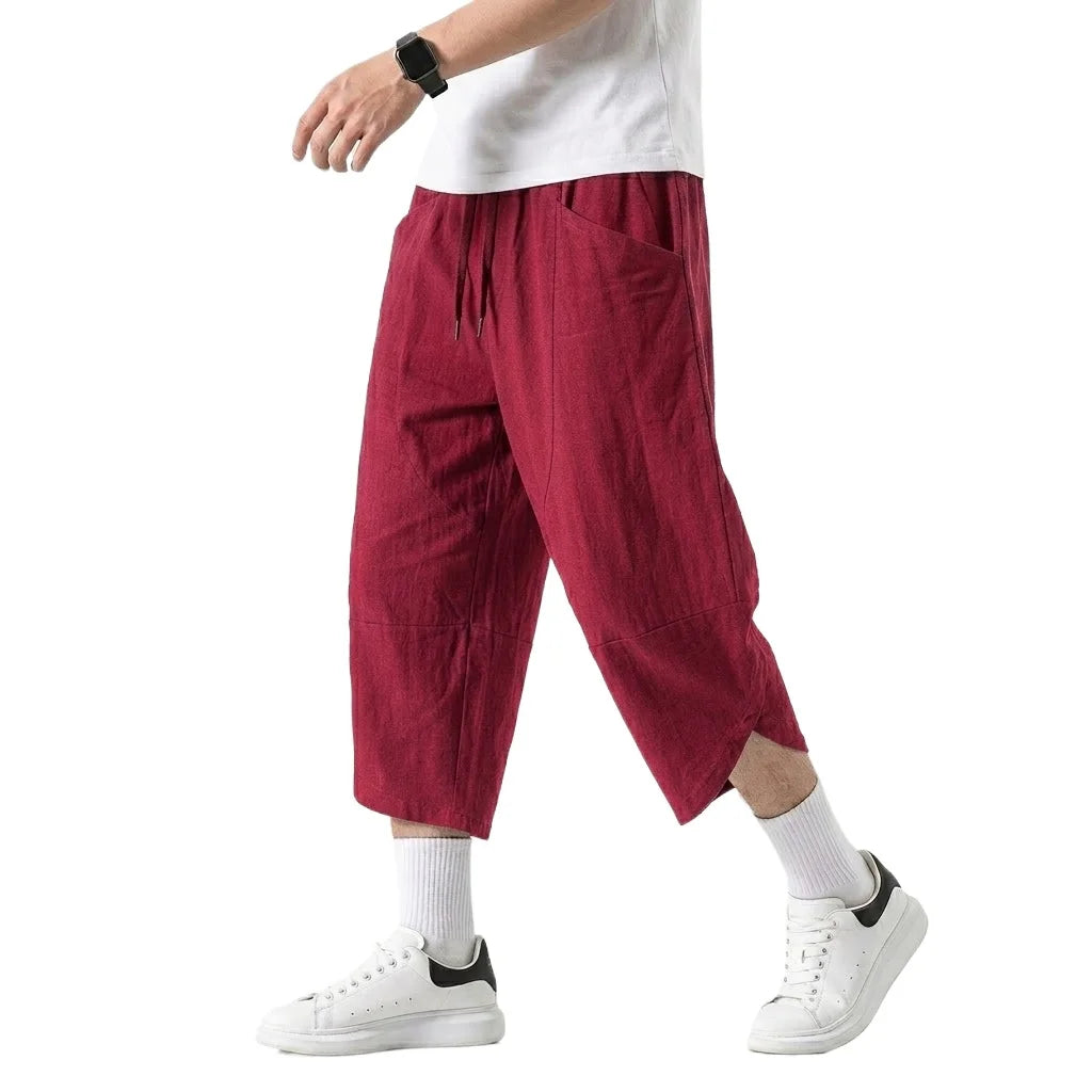 Korean Linen Cotton Pants Hiking Pockets Short for Men Lightweight Baggy Pant Outdoor Breathable Work Pants Multi-pocket Shorts