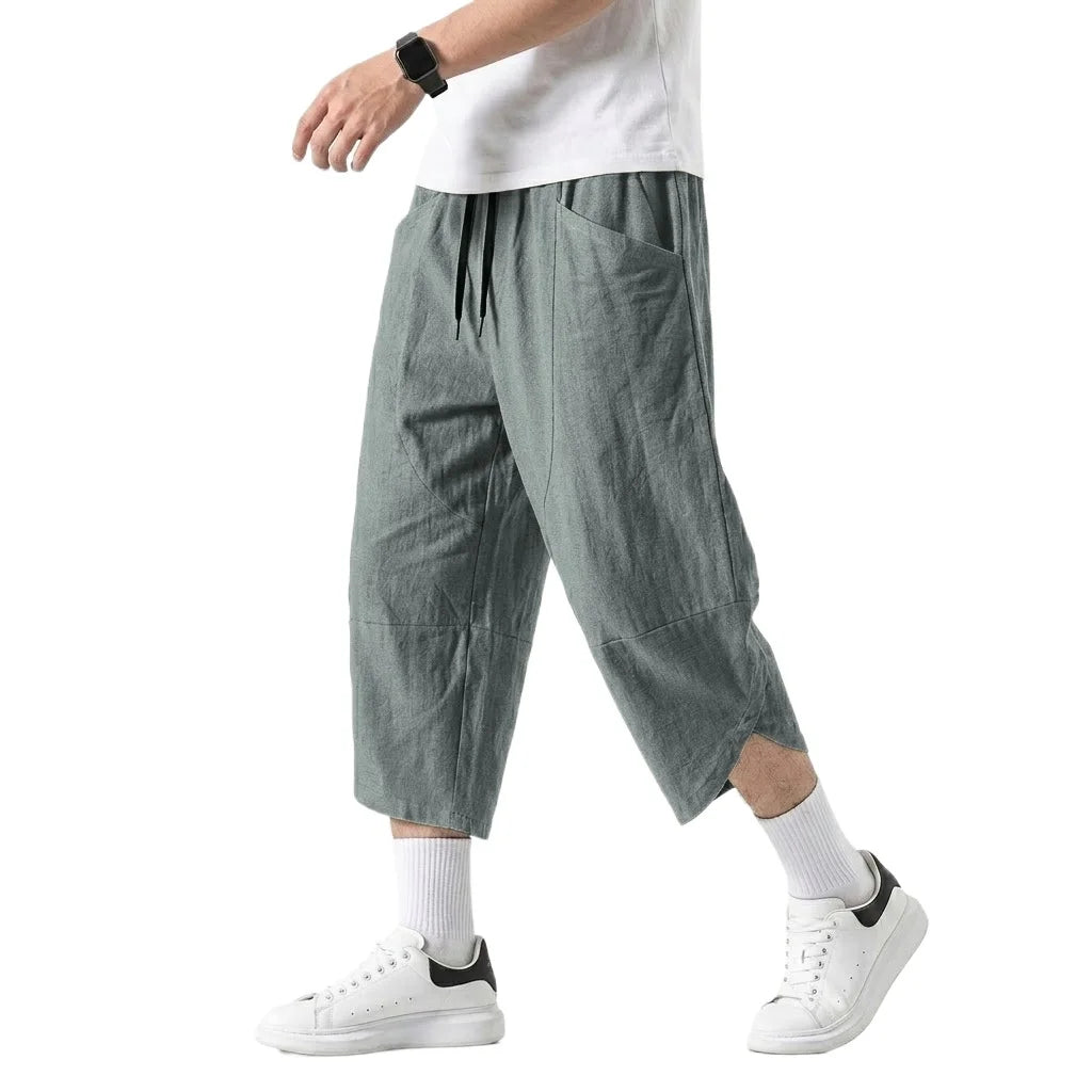 Korean Linen Cotton Pants Hiking Pockets Short for Men Lightweight Baggy Pant Outdoor Breathable Work Pants Multi-pocket Shorts