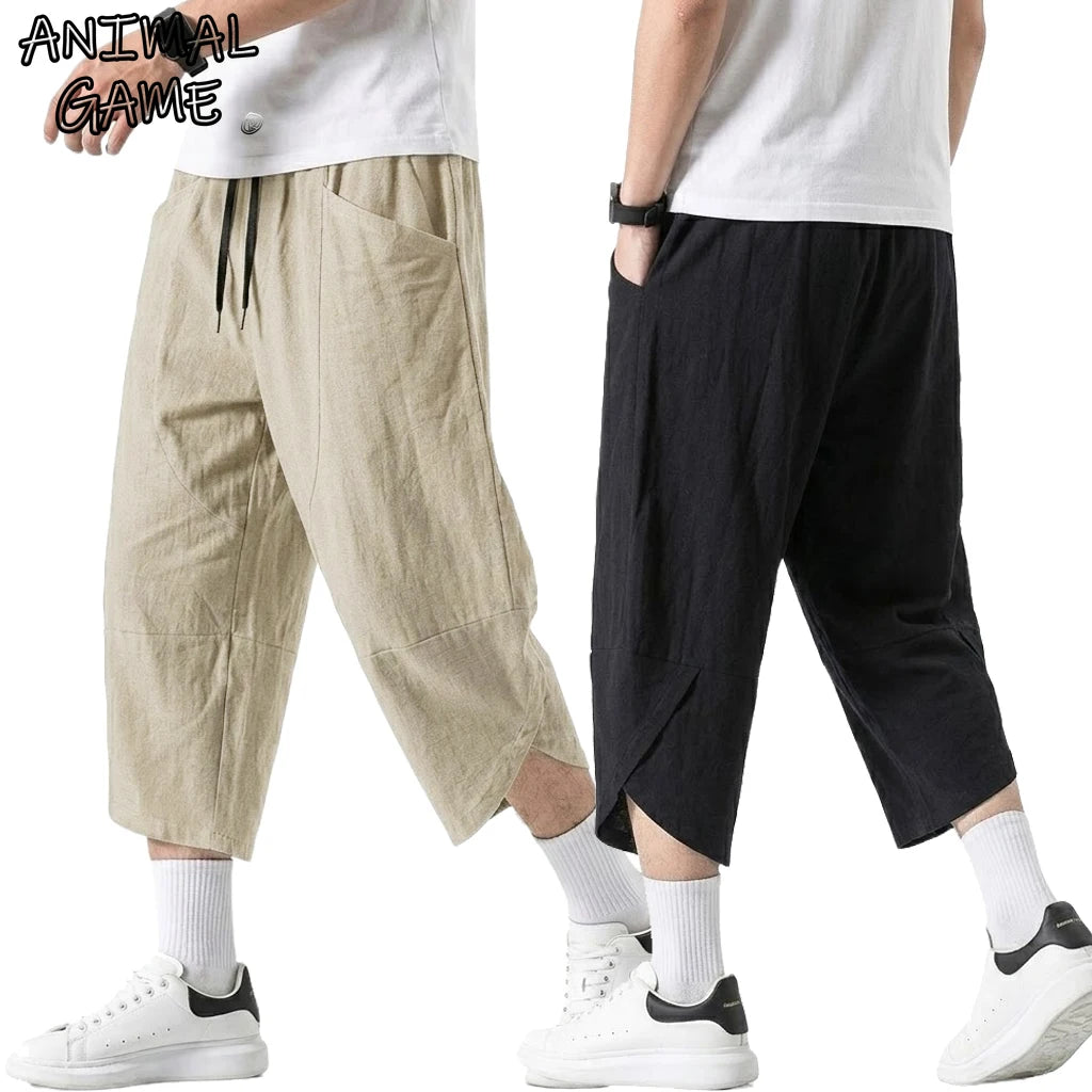 Korean Linen Cotton Pants Hiking Pockets Short for Men Lightweight Baggy Pant Outdoor Breathable Work Pants Multi-pocket Shorts